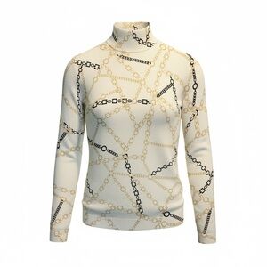 Chico's Chain Print Moc Neck Sweater Size Small Cream Black & Gold Long Sleeve